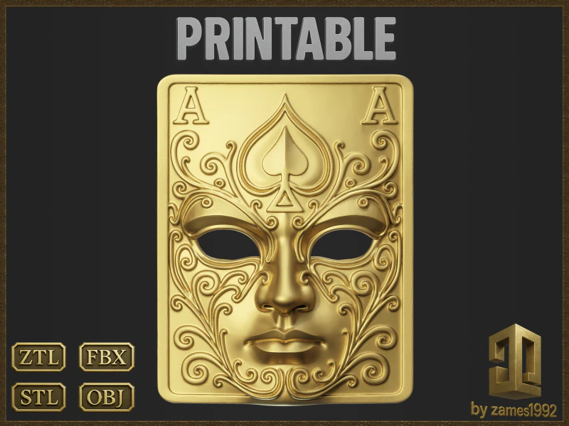 Maschera di asso di picche decorata con carte da gioco Modello di stampa 3D .c4d .max .obj .3ds .fbx .stl .blend 