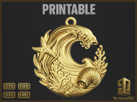 Ocean Coral Wave Pendant 3D Print Model