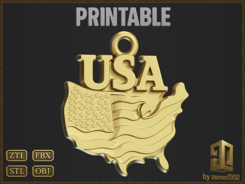 USA Flag Map Pendant Model Cetak 3D