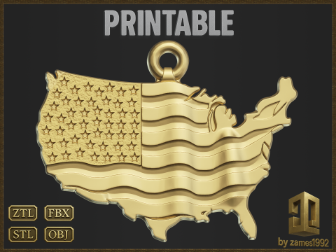 USA Flag Map Pendant 3Dプリントモデル