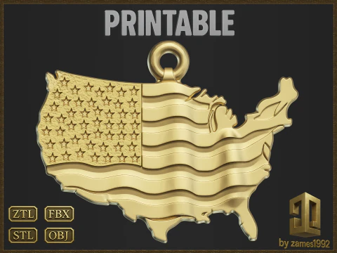 USA Flag Map Pendant 3D Print Model