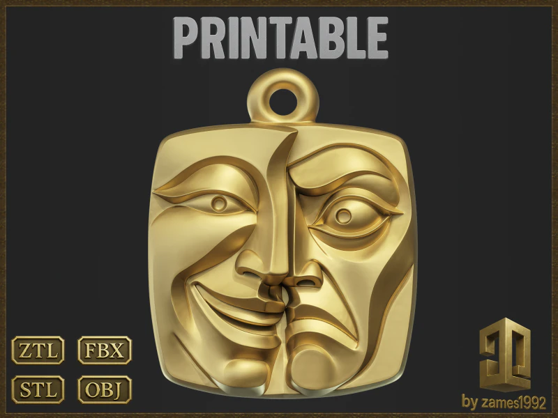 Tragedy Mask Pendant 3D Print Model .c4d .max .obj .3ds .fbx .stl .blend 