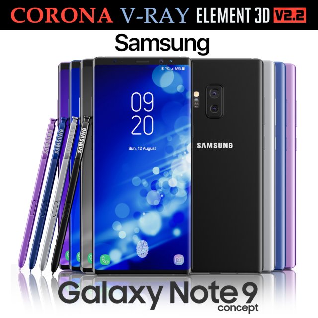 samsung galaxy note 9 all colors concept 3D 模型 .c4d .max .obj .3ds .fbx .stl .blend 