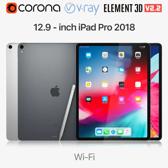 apple ipad pro 129 inch wi-fi 2018 and new apple pencil 3D Model .c4d .max .obj .3ds .fbx .stl .blend 