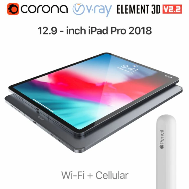 apple ipad pro 129 inch wi-fi cellular 2018 and new apple pencil 3D Model .c4d .max .obj .3ds .fbx .stl .blend 