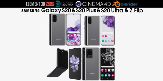 samsung galaxy s20 and s20 plus and s20 5g ultra and z flip cosmic black gray Model 3D .c4d .max .obj .3ds .fbx .stl .blend 