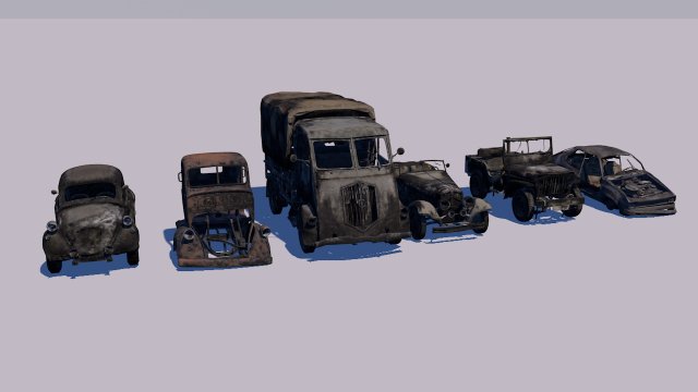 low poly vr game ready pack of six wrecked destroyed vehicles low-poly 3D Modell .c4d .max .obj .3ds .fbx .stl .blend