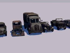 low poly vr game ready pack of six wrecked destroyed vehicles low-poly 3D 모델