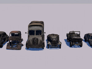 low poly vr game ready pack of six wrecked destroyed vehicles low-poly 3D Modell