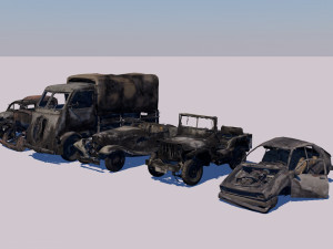 low poly vr game ready pack of six wrecked destroyed vehicles low-poly 3D Modell