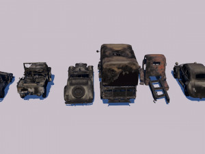 low poly vr game ready pack of six wrecked destroyed vehicles low-poly 3D Modell