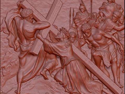 Baixo-relevo Jesus cai sob o peso da Cruz Modelo 3D