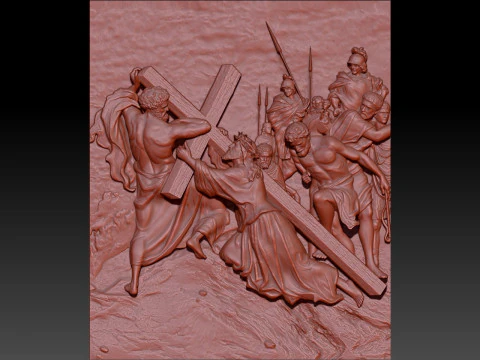 Baixo-relevo Jesus cai sob o peso da Cruz Modelo 3D