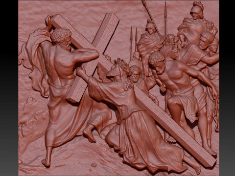 Baixo-relevo Jesus cai sob o peso da Cruz Modelo 3D