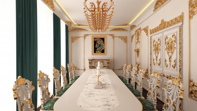 Classic Dinning Room 01 White and Gold 3Dモデル .c4d .max .obj .3ds .fbx .stl .blend 