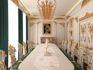 Classic Dinning Room 01 White and Gold 3D Model