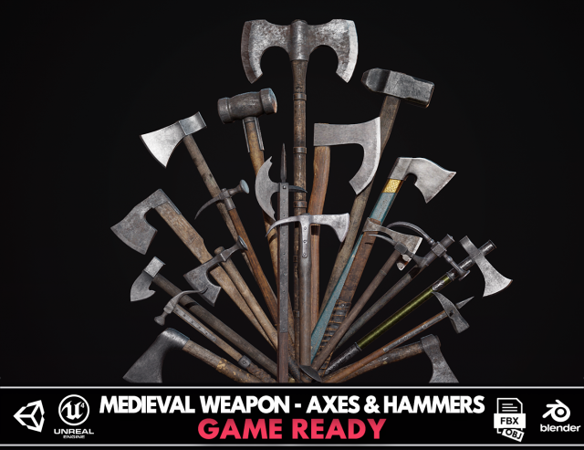 Medieval Weapon - Axes and Hammers Model 3D .c4d .max .obj .3ds .fbx .stl .blend 