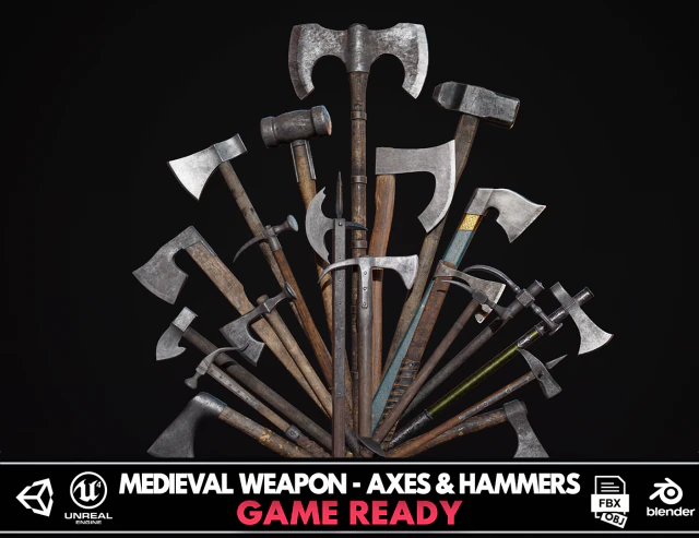 Medieval Weapon - Axes and Hammers 3D Model .c4d .max .obj .3ds .fbx .stl .blend 