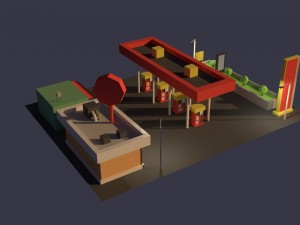 low poly cartoony gas station Model 3D