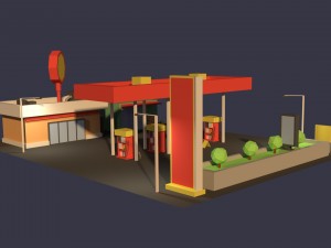 low poly cartoony gas station Model 3D