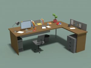낮은 폴리 만화 같은 사무실 책상 3D 모델