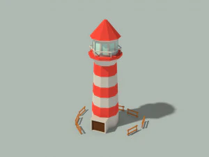 低ポリ灯台と木製フェンス 3Dモデル