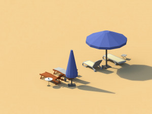 low poly sunbeds and umbrellas Modèle 3D