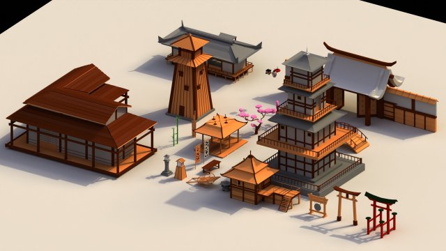 Low Poly Traditional Japanese Town 3D 模型 .c4d .max .obj .3ds .fbx .stl .blend 