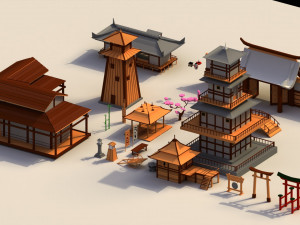 Low Poly Traditional Japanese Town 3D Model
