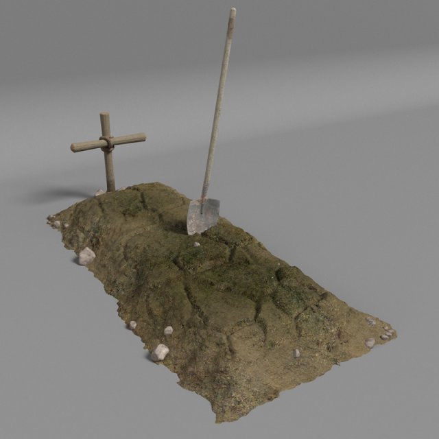 dirt grave with wood cross and shovel 3D Модель .c4d .max .obj .3ds .fbx .stl .blend 