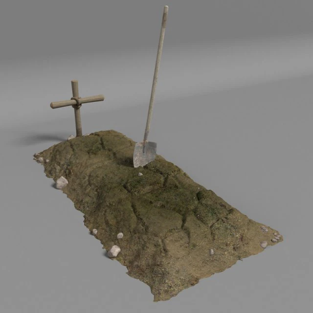 dirt grave with wood cross and shovel 3D Model .c4d .max .obj .3ds .fbx .stl .blend 
