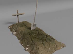 dirt grave with wood cross and shovel 3D Model