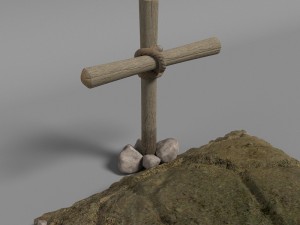dirt grave with wood cross and shovel 3D Модель