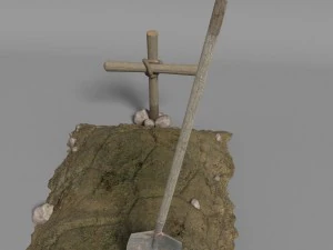 dirt grave with wood cross and shovel 3D Model