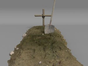 dirt grave with wood cross and shovel 3D Model
