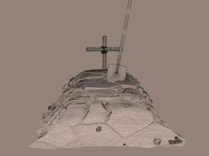 dirt grave with wood cross and shovel 3D Model