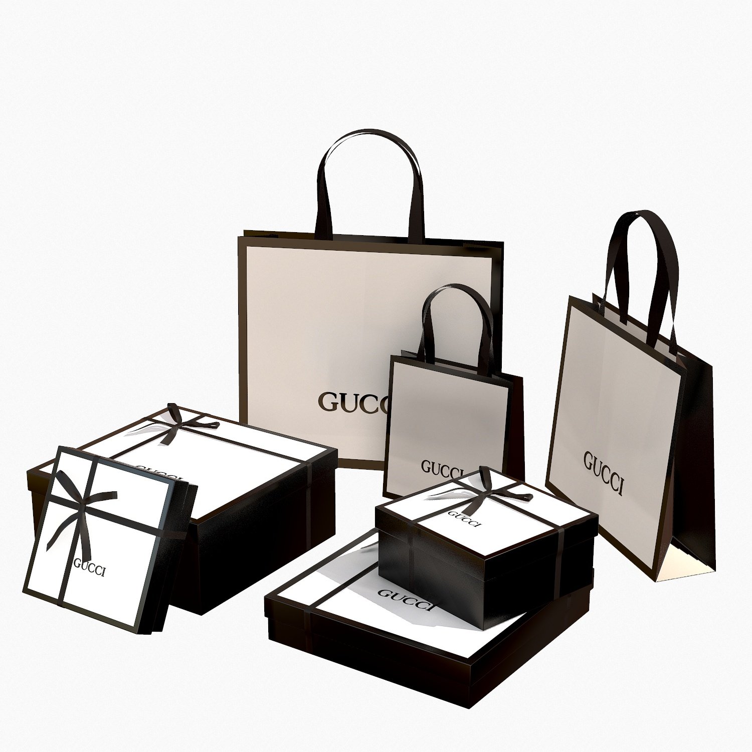 gucci gift packaging boxes and paper bags Low-poly 3D Model