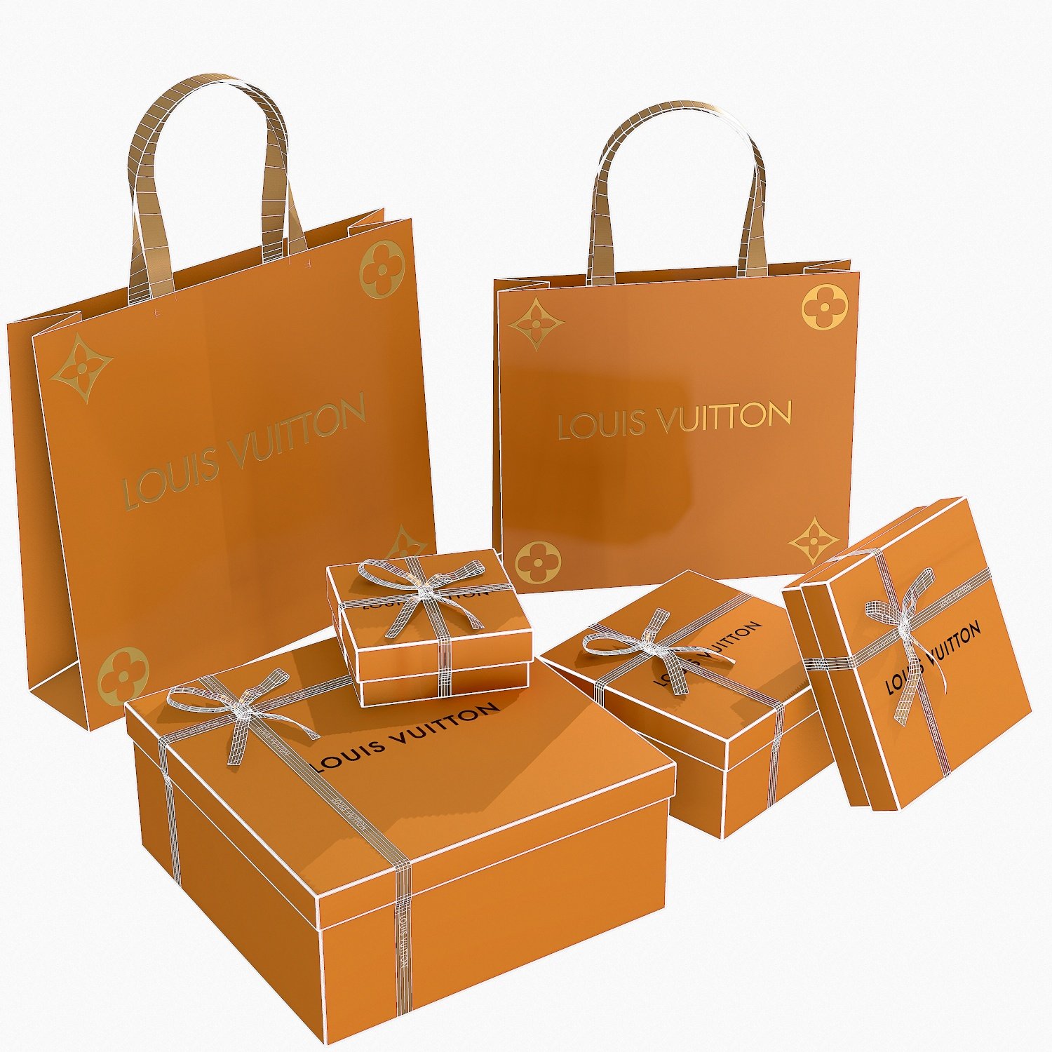 louis vuitton gift packaging boxes and paper bags 3D Model in