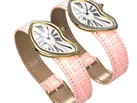 Gold Silver Leather Watch With Diamonds Model 3D