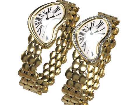 Gold Silver Leather Watch With Diamonds Model 3D
