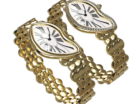 Gold Silver Leather Watch With Diamonds Model 3D