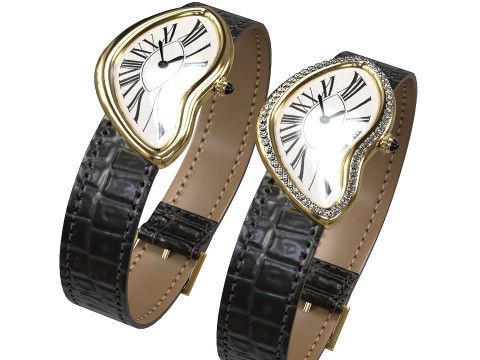 Gold Silver Leather Watch With Diamonds Model 3D