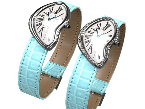 Gold Silver Leather Watch With Diamonds Model 3D