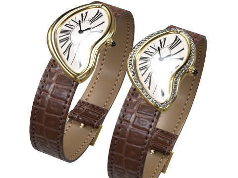 Gold Silver Leather Watch With Diamonds Model 3D