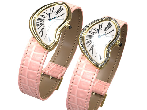 Gold Silver Leather Watch With Diamonds Model 3D
