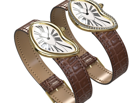 Gold Silver Leather Watch With Diamonds Model 3D