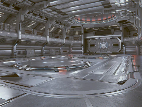 Cena de hangar industrial de fic&ccedil;&atilde;o cient&iacute;fica - Quantum Modelo 3D