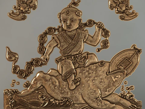 Panel Buddha dan simbol keberuntungan Model 3D