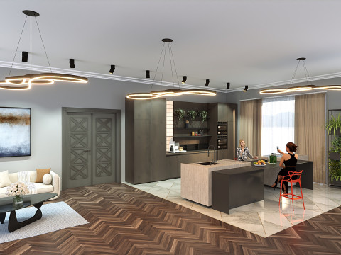 Scena - Nowoczesna Kuchnia-Pokój Dzienny Model 3D