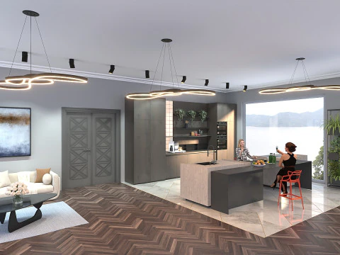 Scene - Modern Kitchen-Living Room 3D Model